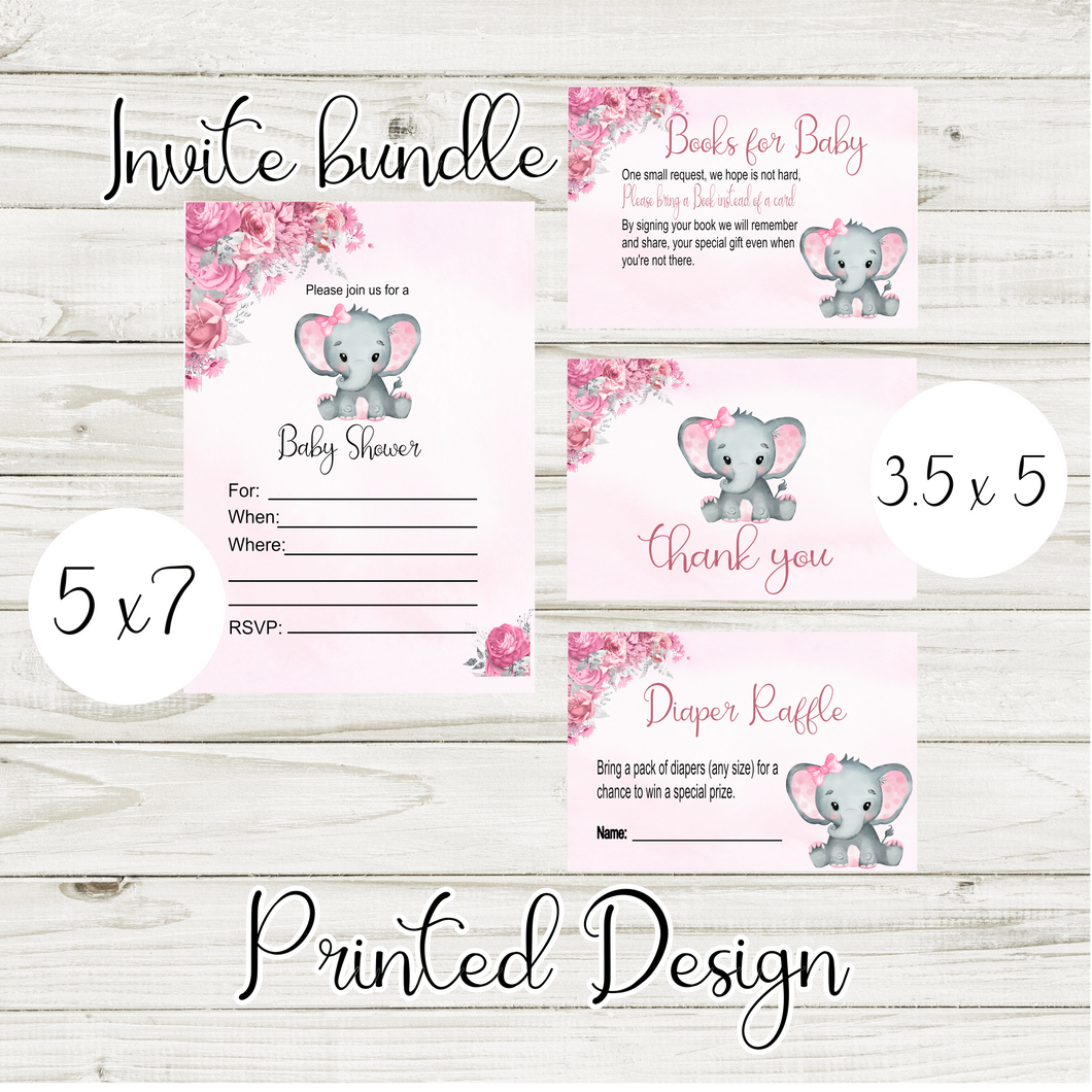 Printed Elephant Design Invite Bundle Pink Set of 8 each - Baby Shower
